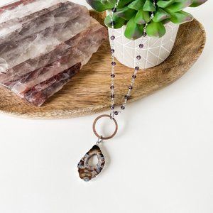 Geode Slice Pendant with Clear Druzy and Wood Ring